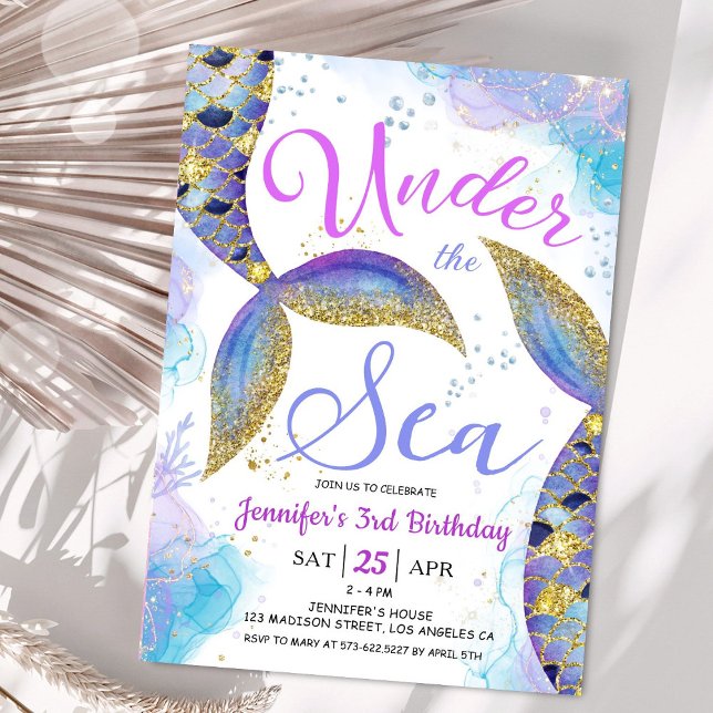 Convites Sereia aniversário de 3 anos Rosa Dourada debaixo  (Criador carregado)