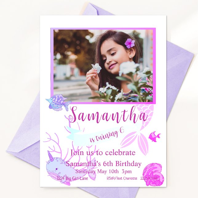 Convites Sereia Aniversário, Sob o Mar, 6 Aniversário (Criador carregado)