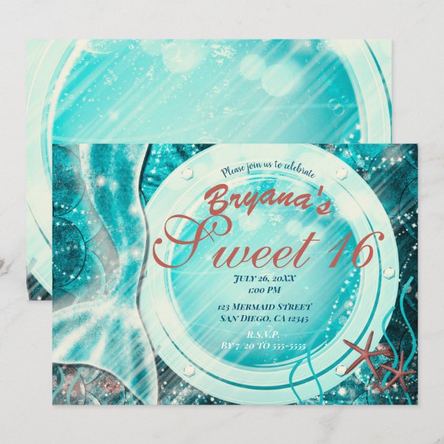 Convites Sereia Ave Sob O Mar Doce 16 Teal Aniversário (Frente/Verso)