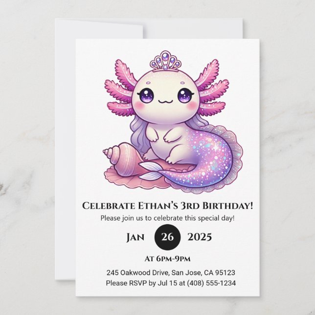 Convites Sereia Axolotl Princesa Birthday (Frente)