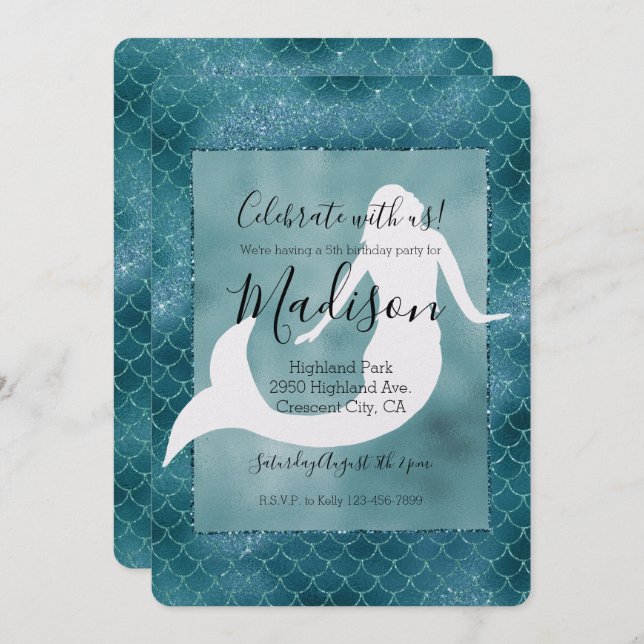 Convites Sereia Azul Aqua Azul-Brilhante (Frente/Verso)