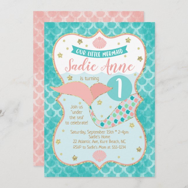 Convites Sereia Birthday Coral e Teal (Frente/Verso)