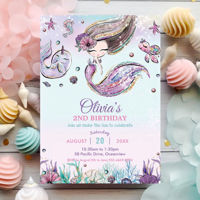 Convites Sereia Bonito, crua, sob o Aniversário do Mar Roxo (whimsical cute brunette mermaid under the sea pool birthday party invitation cards printed download)