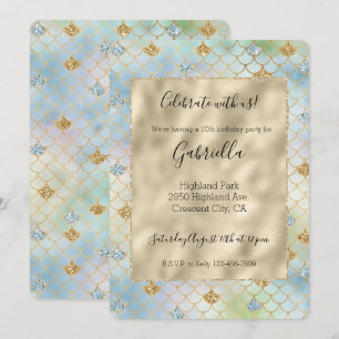 Convites Sereia Brilho Dourado Azul Aqua Menta