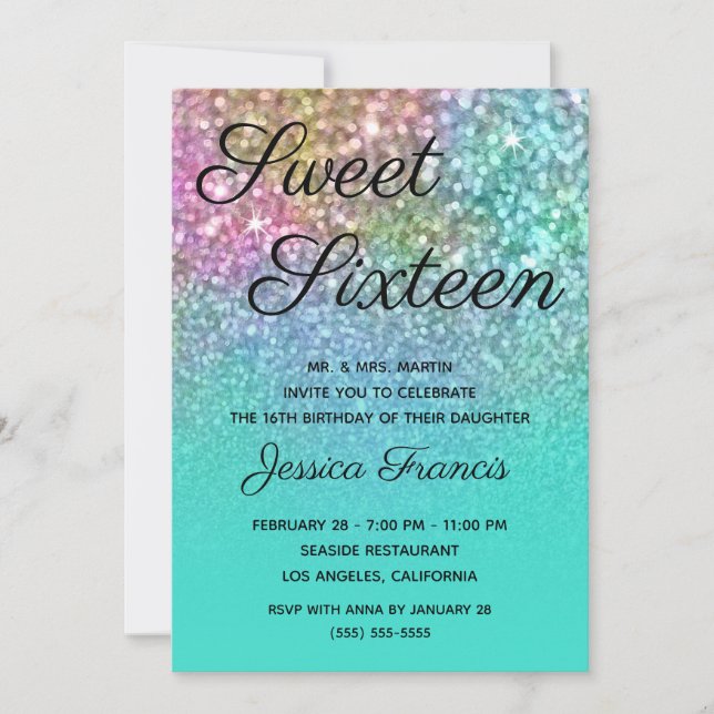 Convites Sereia Brilho Turquesa Ombre Sweet Sixteen (Frente)