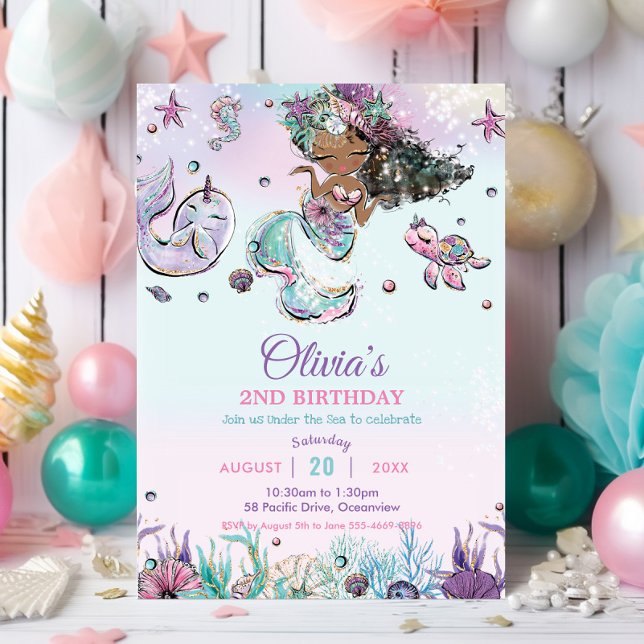 Convites Sereia Castanha Cuta sob o Mar Narwhal Aniversário (cute black african brown mermaid under the sea shells pool birthday party invitation cards digital  )