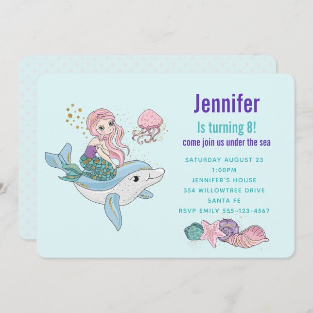 Convites Sereia cavalgando um golfinho sob o próximo aniver (Frente/Verso)