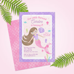 Convites Sereia com Cabelo Castanho Rosa Púrpura Aniversári