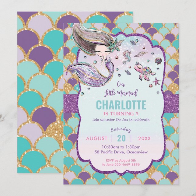 Convites Sereia Cuta Sob O Mar de Piscina de Aniversário (Frente/Verso)