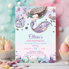 Convites Sereia Cuta Sob O Mar Narval Aniversário Roxo