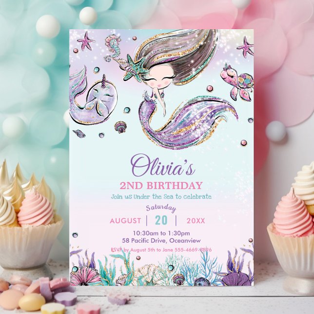 Convites Sereia Cuta Sob O Mar Narval Aniversário Roxo (cute brunette mermaid under the sea turtle seahorse purple pink pool birthday party invitation cards)