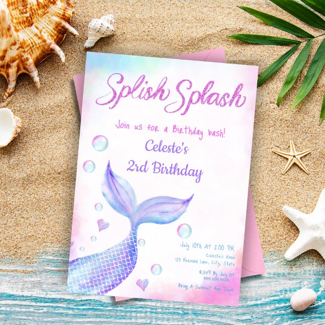 Convites Sereia de Aquarela Caprichosa Brilho Espalha Salpi (Create mer-mazing memories with our customizable 'Splish Splash' invitation!)