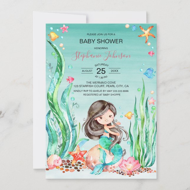 Convites Sereia de Aquarela Cuta Sob O Chá de fraldas Marin (Frente)