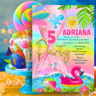 Convites Sereia de brilho lantejoulas flamingo praia Arco-í