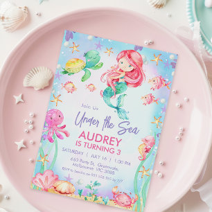 Convites Sereia de Cabelo Vermelho de Verão sob o Aniversár