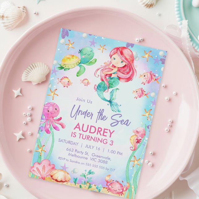 Convites Sereia de Cabelo Vermelho de Verão sob o Aniversár (Under the Sea Birthday Invitation Any age, Red Hair Mermaid Birthday Invitation Girl, Sea Creatures)