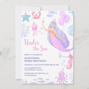 Convites Sereia Debaixo do Mar 3º Aniversário Pastel