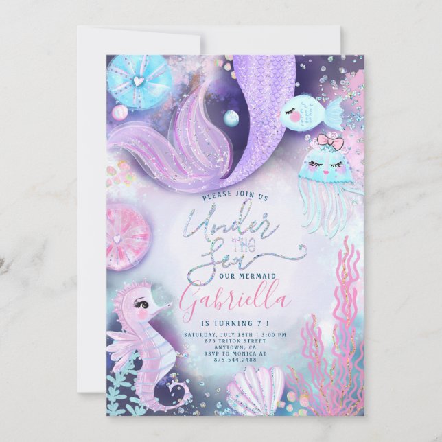 Convites Sereia debaixo do mar Animais de aniversário (Frente)