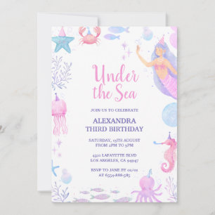 Convites Sereia Debaixo do Mar Aquarela Menina 3º Aniversár