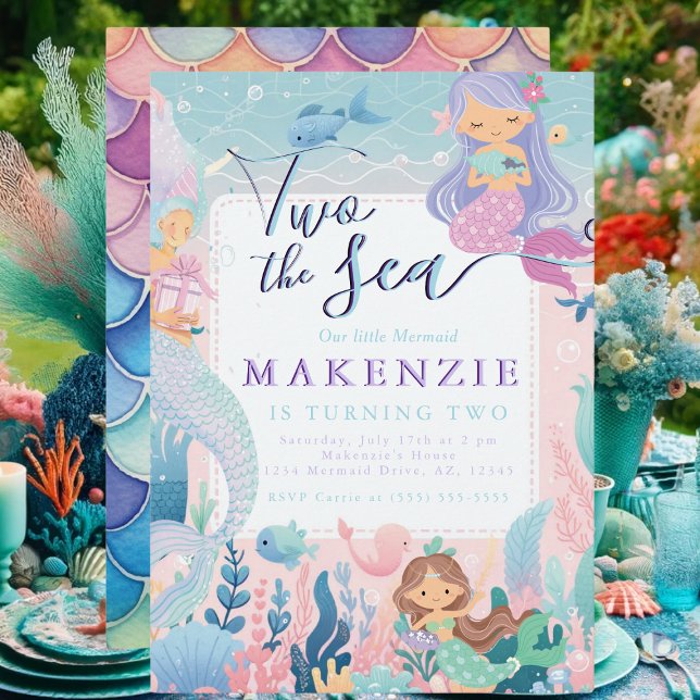Convites Sereia do segundo aniversário (Mermaid birthday party invitation for 2 year old.)
