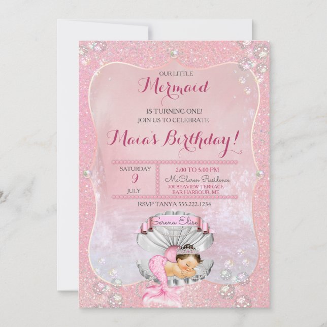 Convites Sereia Dormindo Menina Rosa Pearls Clam Shell (Frente)