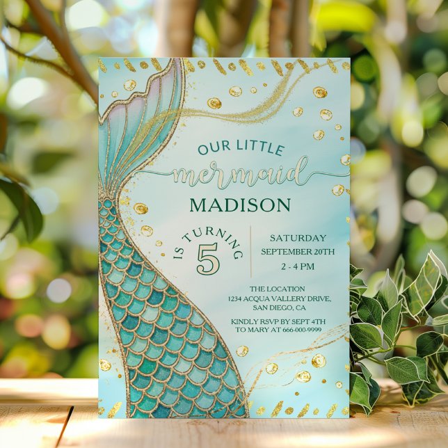 Convites Sereia Dourada Sob A Festa de aniversário Da Garot (Gold Mermaid Under the sea girl birthday party invitation)