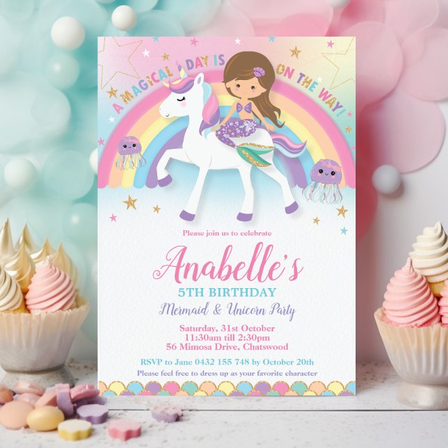 Convites Sereia e Arco-íris Cuta e Unicórnio (light brown haired mermaid and unicorn rainbow pool birthday party invitation cards printed download)