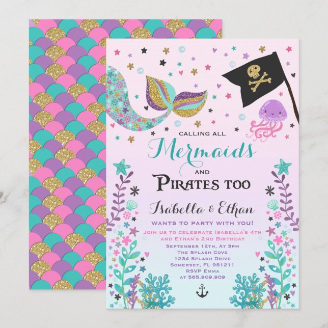 Convites Sereia e Garota Irmã Pirata de Aniversário Convida (Frente/Verso)