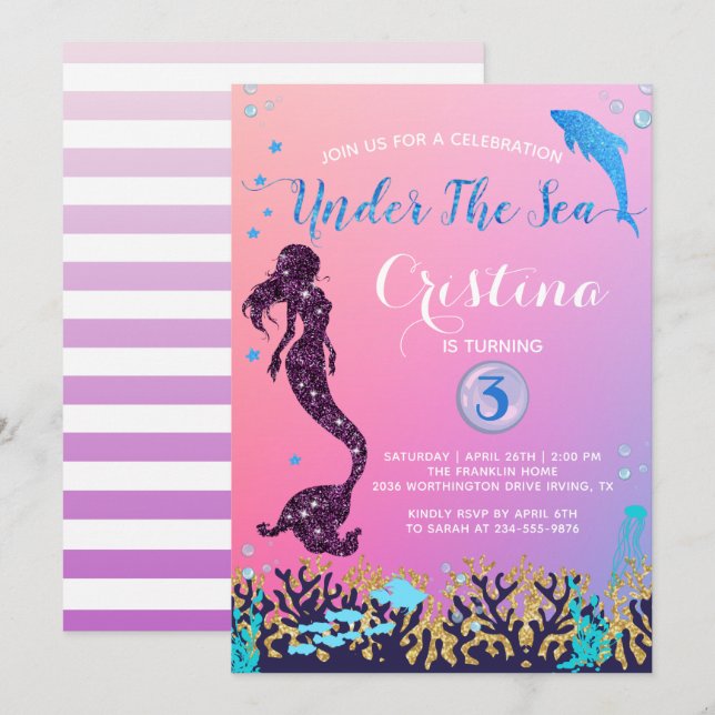 Convites Sereia e golfinho sob a Festa de aniversário do ma (Frente/Verso)