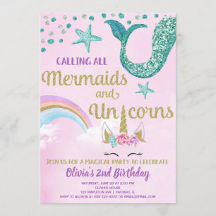 Convites Sereia e Unicorn, aniversário de teia de ouro rosa