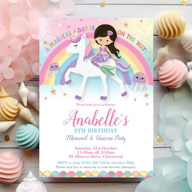 Convites Sereia e Unicórnio Invitam Arco-Íris (whimsical cute mermaid and unicorn rainbow jellyfish pool birthday party invitation cards download )
