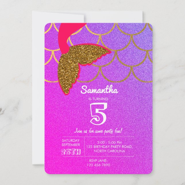 Convites Sereia Escala Rosa Púrpura Brilhante Aniversário (Frente)