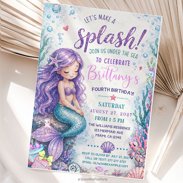 Convites Sereia Espadanando debaixo do Mar (Make a splash with this adorable Mermaid “Splish Splash Under the Sea” Birthday Invitation — perfect)