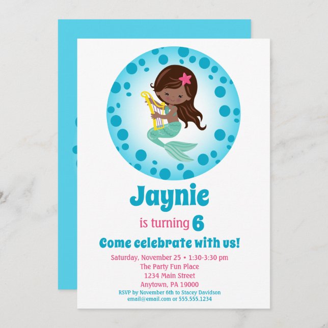 Convites Sereia - Festa de aniversário Afro-Americana (Frente/Verso)