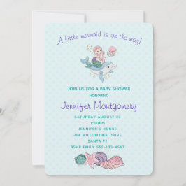 Convites Sereia Fofa Andando um Golfinho Sob o Mar