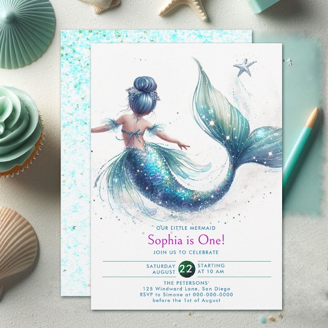 Convites Sereia Iridescente, Largura Sob primeiro aniversar (girls 1st birthday invitation mermaid under the sea cute character watercolor adorable holographic)
