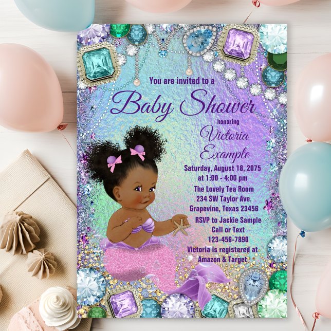 Convites Sereia Jóia Cabelo Afro Rosa Chás de Bebê (You can change all wording and text as needed on this cute any occasion mermaid invitation.)