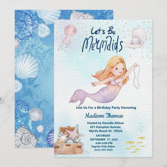 Convites Sereia Lumineira Sob Festa de aniversário Marítima (Frente/Verso)