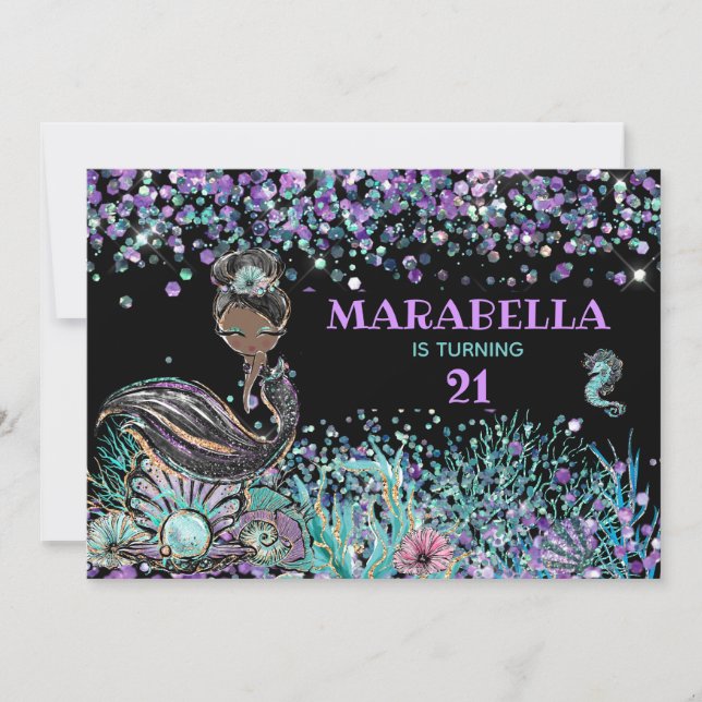 Convites *~* Sereia LUXE GLAM debaixo do mar 21 Aniversário (Frente)