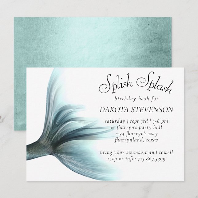 Convites Sereia Luxe | Seafoam Mint Green Splash (Frente/Verso)