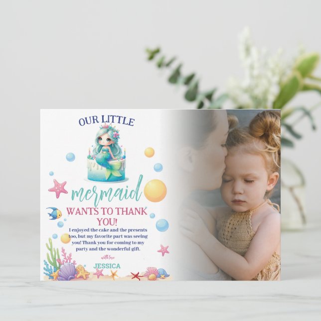 Convites Sereia Mágica 3º Aniversário Sob Foto Do Mar (Em pé/Frente)