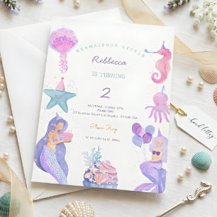 Convites Sereia Mágica de Aquarela Aniversário de 2 Anos