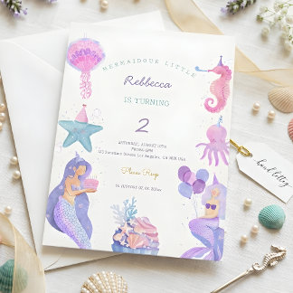 Convites Sereia Mágica de Aquarela Aniversário de 2 Anos