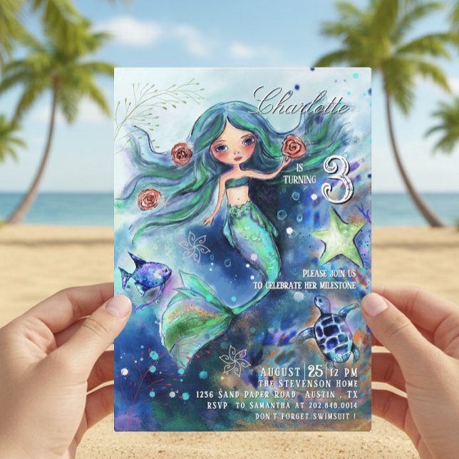 Convites Sereia Mágica de Aquarela Sob O Aniversário do Mar (Magical Watercolor Mermaid Under the Sea Birthday Invitation)