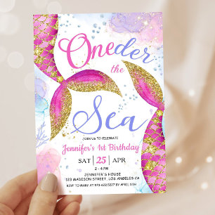 Convites Sereia Menina de 1 Aniversário Rosa ONEder o Mar