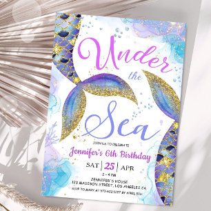 Convites Sereia Menina de 6 anos Rosa Sob o Mar