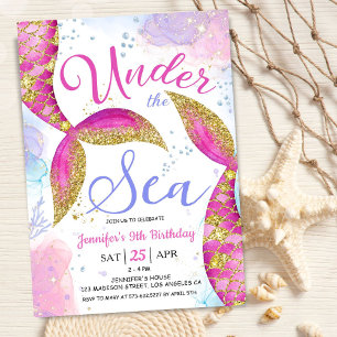 Convites Sereia Menina Fazendo 9 Anos Rosa Sob o Mar