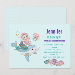 Convites Sereia Montando um Golfinho Sob o Mar de Aniversár