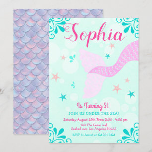 Convites Sereia ou Abaixo do Mar Aqua Teal Splash Aniversár