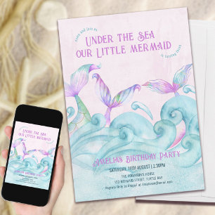 Convites Sereia Pequena Sob o Mar Menina Rosa Aniversário